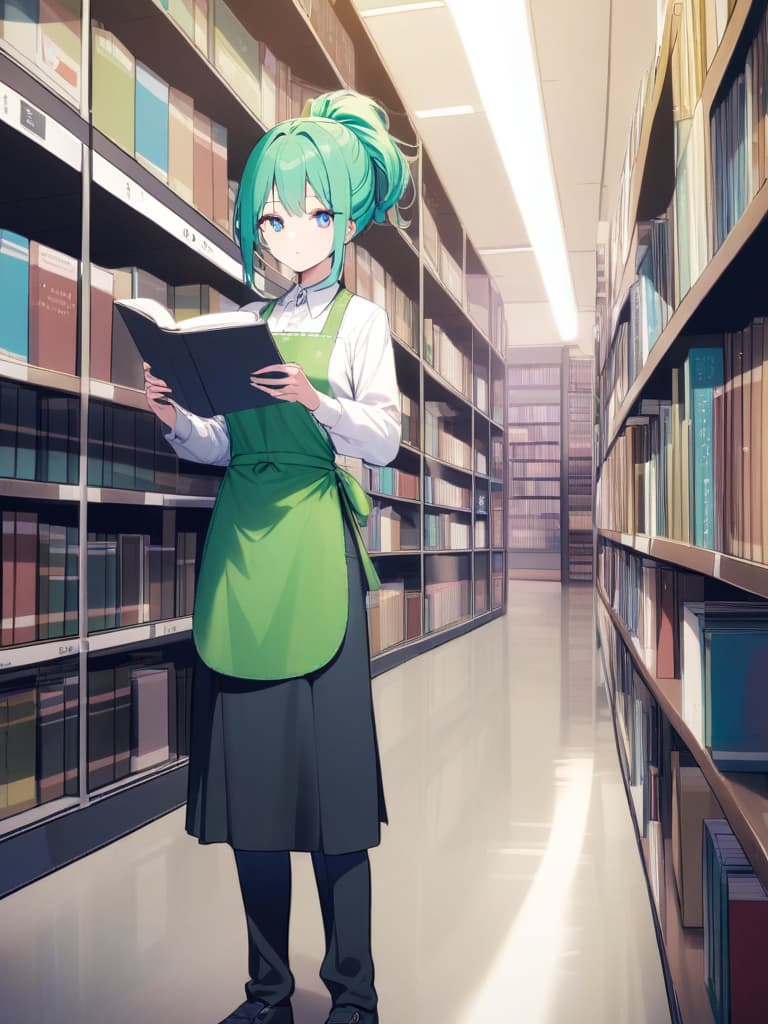  apron,black pants,clothing,collared shirt,green apron,hair accessory,long sleeves,pants,polka dot pattern,ponytail,scrunchie,shirt,tied hair,white shirt,blue eyes,green hair,(inside a library filled with books) woman,long hair,standing