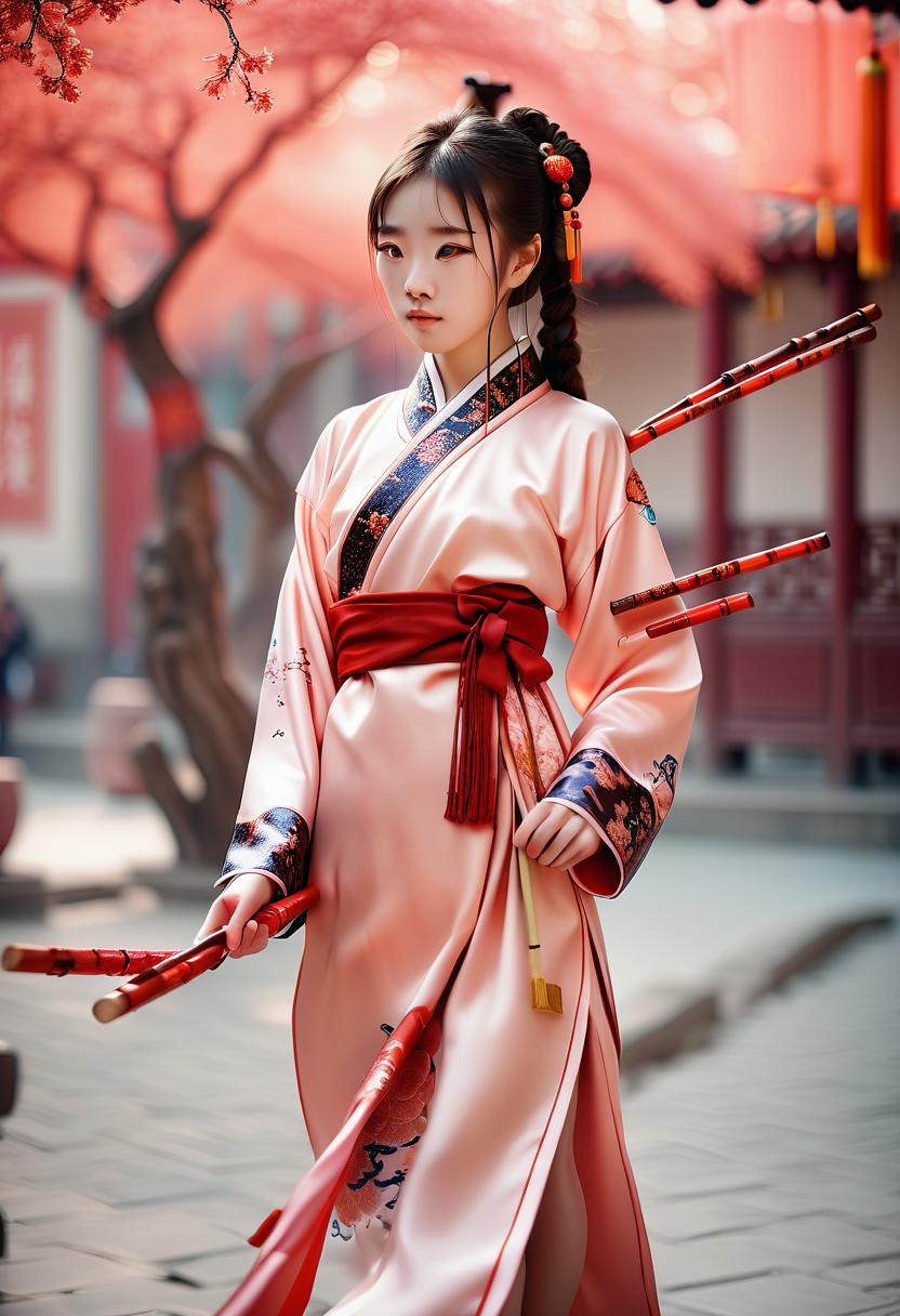  cinematic photo a girl in a chinese outfit, a stick in her hand. . 35mm photograph, film, bokeh, professional, 4k, highly detailed, perfecteyes