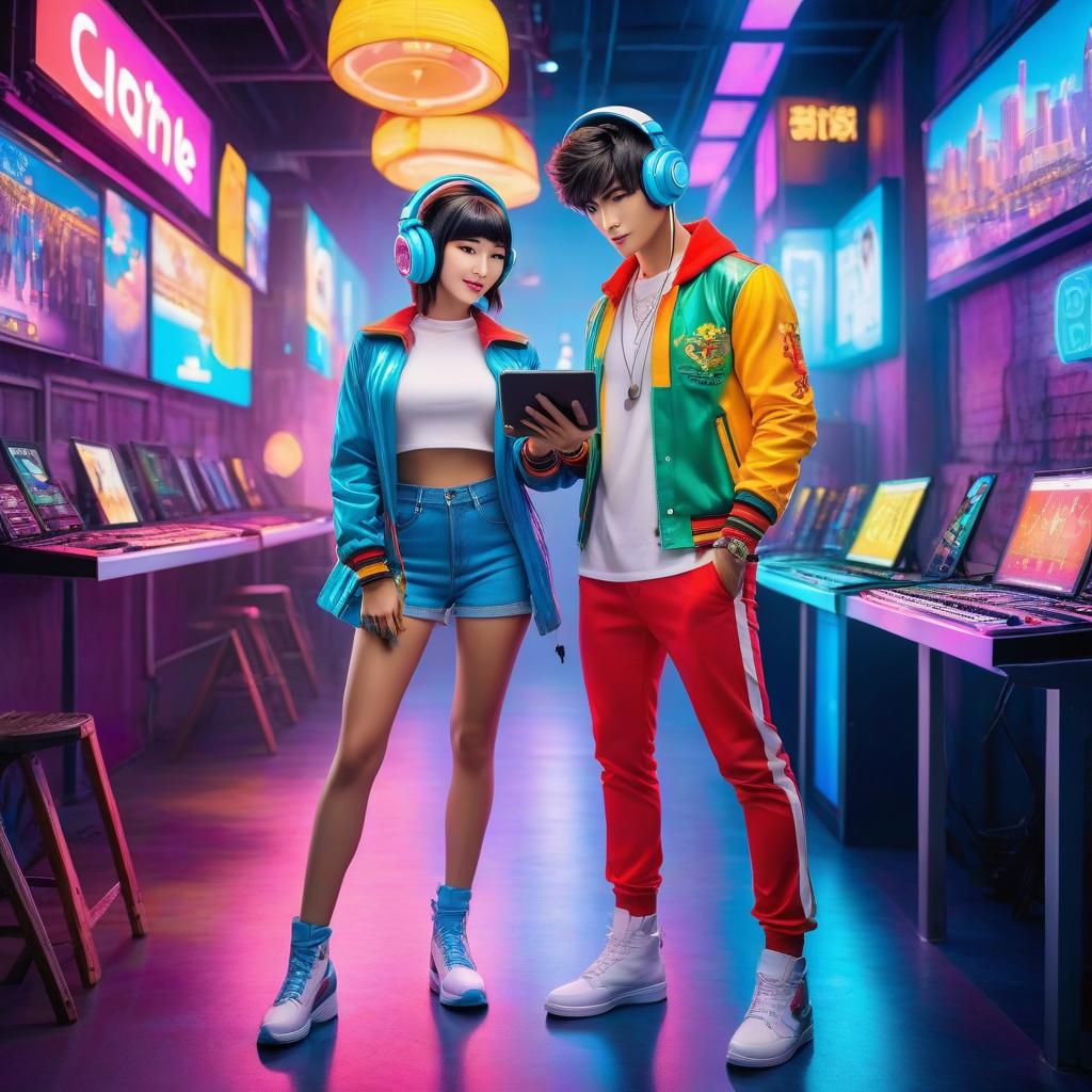  kawaii style a boy and a girl in pop art style, a boy with dj headphones, a girl holding a tablet and a brush, detailing. . cute, adorable, brightly colored, cheerful, anime influence, highly detailed hyperrealistic, full body, detailed clothing, highly detailed, cinematic lighting, stunningly beautiful, intricate, sharp focus, f/1. 8, 85mm, (centered image composition), (professionally color graded), ((bright soft diffused light)), volumetric fog, trending on instagram, trending on tumblr, HDR 4K, 8K