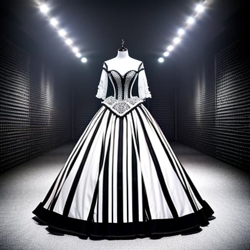  Black and white stripes, a ball gown of an aristocrat from the 19th century. hyperrealistic, full body, detailed clothing, highly detailed, cinematic lighting, stunningly beautiful, intricate, sharp focus, f/1. 8, 85mm, (centered image composition), (professionally color graded), ((bright soft diffused light)), volumetric fog, trending on instagram, trending on tumblr, HDR 4K, 8K