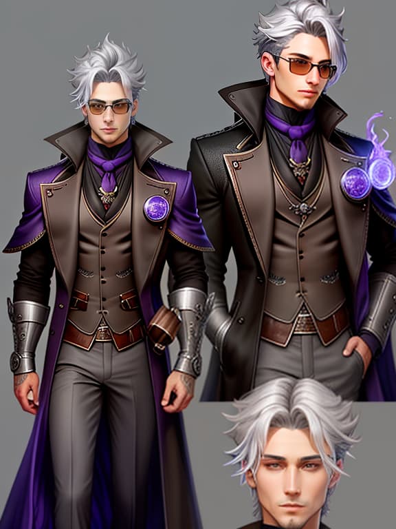  hair: silver gray, giving the character a wise and experienced look. goggles: steampunk goggles with metal frames are placed on the head, symbolizing technological ingenuity. eyes: the purple eyes stand out with their brightness and depth, creating a mystical image. clothing: the character is dressed in a long black coat, under which a brown suit with a gray collar is visible. the coat adds a sense of strictness and elegance, while the suit emphasizes the character's style. bandana: a bandana with the inscription “[ 0 ]” is tied around the neck, adding mystery and uniqueness. details on the back: a potion flask is drawn on the back of the coat, which might indicate knowledge of alchemy or magic. chibi