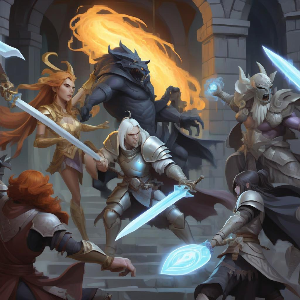  role playing game (rpg) style fantasy the ruler of light and darkness fighting among themselves . detailed, vibrant, immersive, reminiscent of high fantasy rpg games