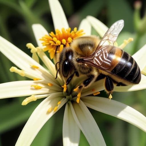  A bee with big details that looks from another planes resting on a flower on earth