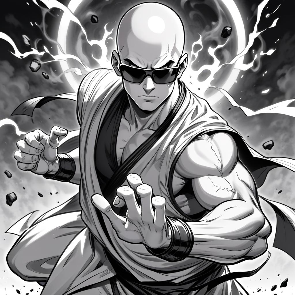  manga artwork a male young bald monk,he has johnny cage appearance,make him serious with some menacing aura around him,draw him manga style black and white during a impact frame,he wears sun glasses impact frames. manga artist. manga, highly emotional. best quality, high resolution