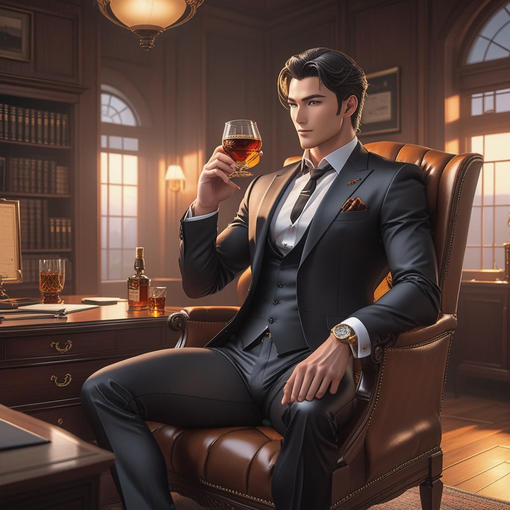  a drunk young handsome suited teacher who wears black sheer otc socks,fine suit,fine leather shoes,fine suit pants.he sits inside his office,drinking whiskey,clearly drunk,stroking his big cock, ((anime)) hyperrealistic, full body, detailed clothing, highly detailed, cinematic lighting, stunningly beautiful, intricate, sharp focus, f/1. 8, 85mm, (centered image composition), (professionally color graded), ((bright soft diffused light)), volumetric fog, trending on instagram, trending on tumblr, HDR 4K, 8K