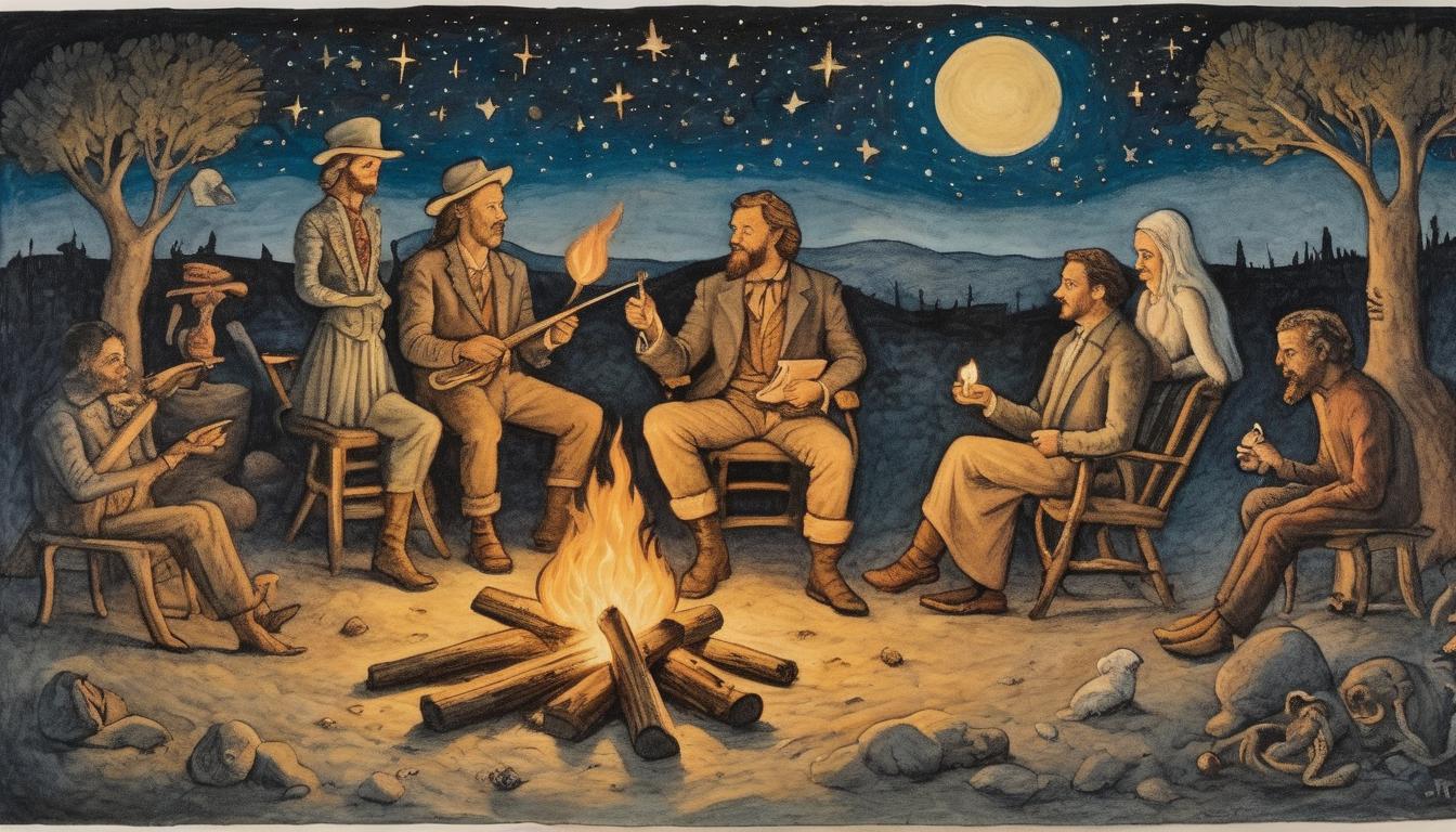  on parchment, surrealism++, a misfit band of characters, eccentric and distinct, gathered by a crackling campfire under a starry sky, unity, acceptance(mysterious, provocative, symbolic)++