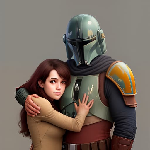  a mandalorian man and a girl stand next to him, hugging.