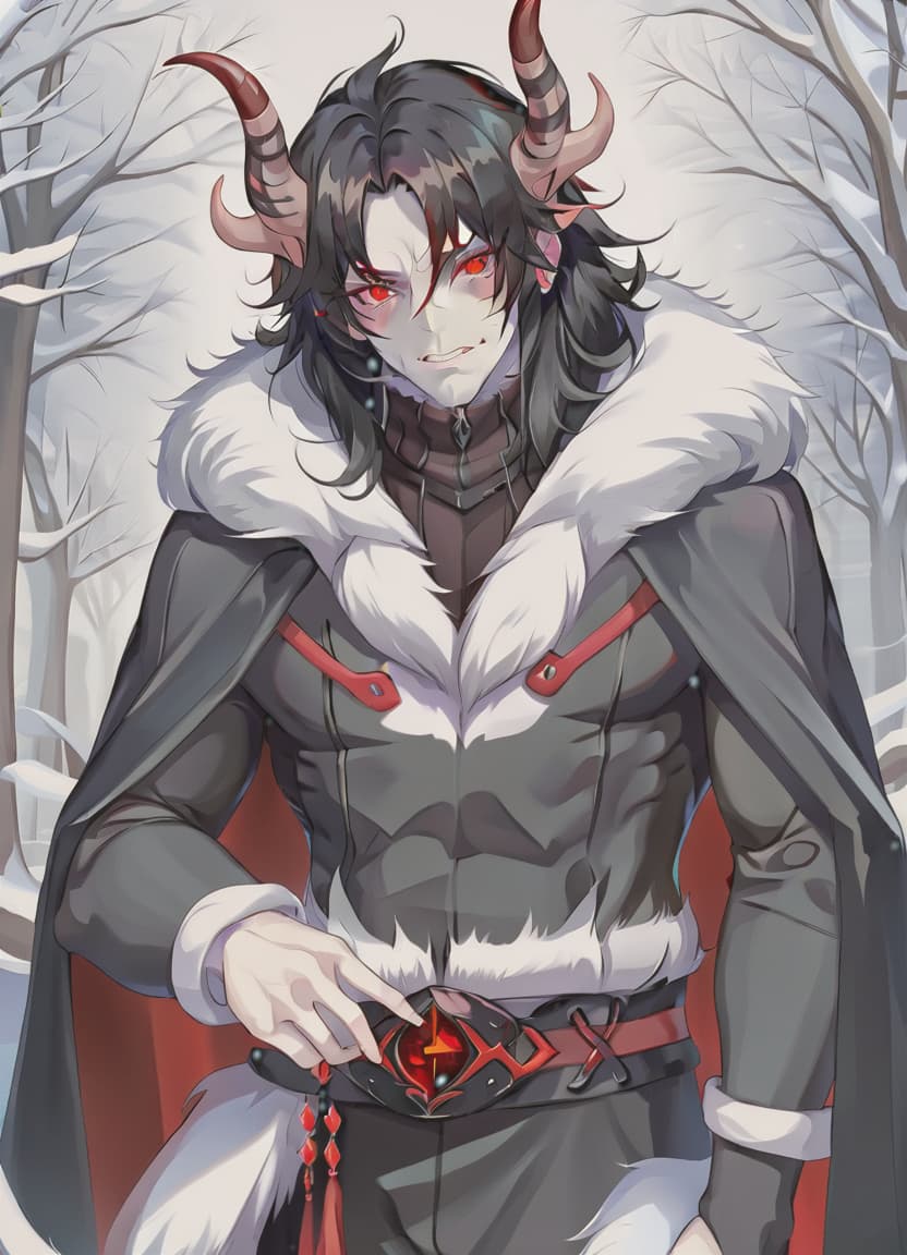  man demon, red horns, red eyes, black long hair, winter clothes