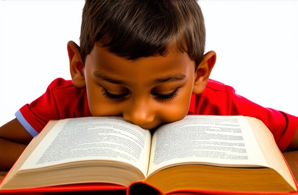  a primary school child pressed an open book with its cover facing up to his head, tired of studying ar 3:2 {prompt}, maximum details