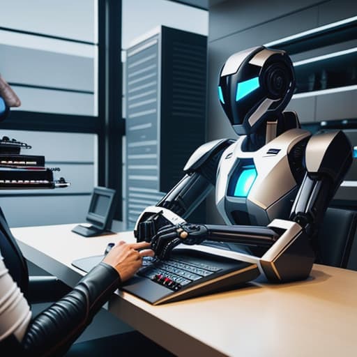  A futuristic robot hunched over a computer keyboard. Apply the Following Styles Comic hyperrealistic, full body, detailed clothing, highly detailed, cinematic lighting, stunningly beautiful, intricate, sharp focus, f/1. 8, 85mm, (centered image composition), (professionally color graded), ((bright soft diffused light)), volumetric fog, trending on instagram, trending on tumblr, HDR 4K, 8K