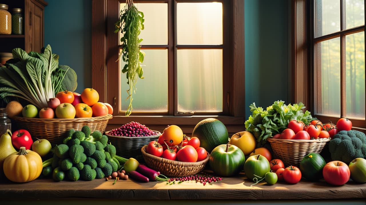  a vibrant kitchen scene showcasing an array of colorful fruits, vegetables, legumes, and grains artistically arranged on a rustic wooden table, with a bright, sunlit window casting warm light over the fresh ingredients. hyperrealistic, full body, detailed clothing, highly detailed, cinematic lighting, stunningly beautiful, intricate, sharp focus, f/1. 8, 85mm, (centered image composition), (professionally color graded), ((bright soft diffused light)), volumetric fog, trending on instagram, trending on tumblr, HDR 4K, 8K