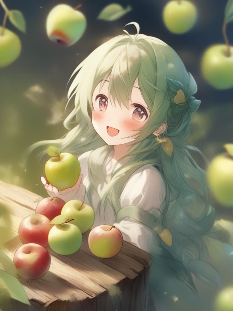  masterpiece,(((one male))),face up,looking at viewer,(((profile))),smiling,((raising right hand holding apple)),(kissing apple),delicate green hair color,eyes closed,super resolution,super sensitive,super high quality,16k