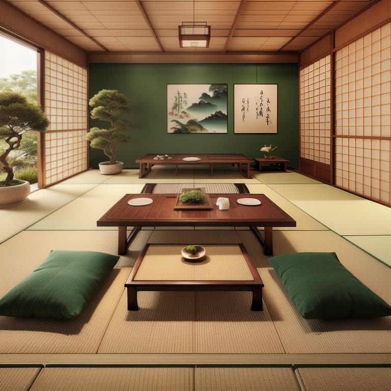  create a serene japanese tea room that emphasizes simplicity and mindfulness. use tatami mats for flooring and low wooden tables for seating. incorporate natural materials like bamboo, wood, and rice paper for screens or walls. use neutral colors with accents of green or earthy tones. add traditional japanese art, such as calligraphy or ink paintings, to enhance the sense of tranquility. include a tea set on the low table, and place bonsai plants for a harmonious touch. hyperrealistic, full body, detailed clothing, highly detailed, cinematic lighting, stunningly beautiful, intricate, sharp focus, f/1. 8, 85mm, (centered image composition), (professionally color graded), ((bright soft diffused light)), volumetric fog, trending on instagram, trending on tumblr, HDR 4K, 8K