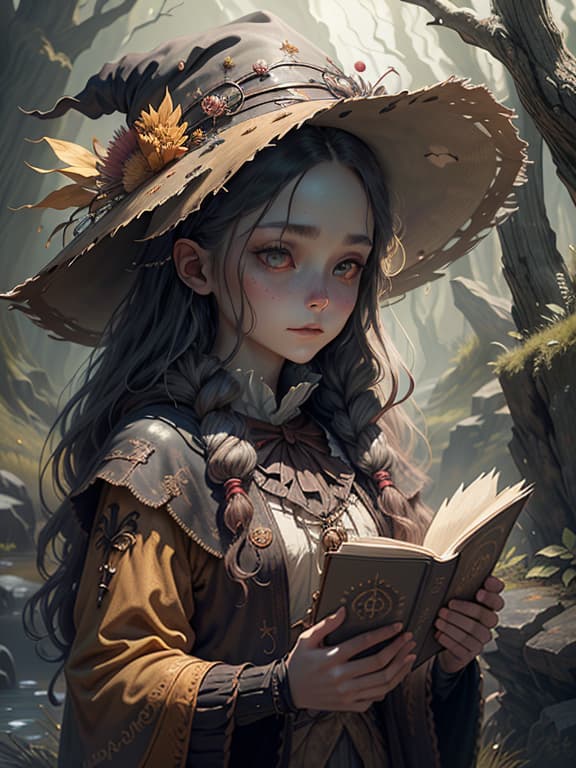  master piece, best quality, ultra detailed, highres, 4k.8k, young woman with red wavy long hair and gray eyes., wearing an open front witch's outfit and hat., serene and confident expression., break illustration of a young witch in the wilderness., barren wilderness., wildflowers, a rustic cauldron, and a spellbook., break mysterious and tranquil ambiance., warm, golden sunlight filtering through the clouds., creature00d