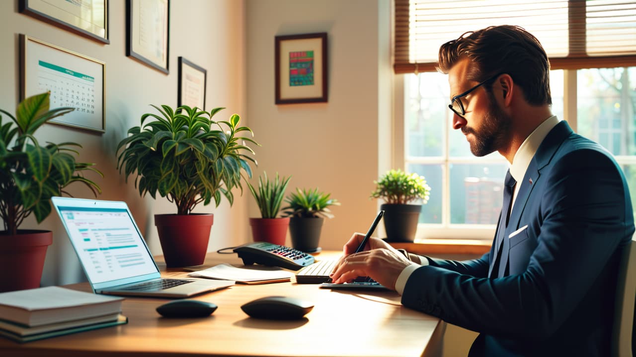  a serene desk scene featuring a beginner investor analyzing stock charts on a laptop, surrounded by notepads, a calculator, and a potted plant, with sunlight streaming through a window, creating a calm atmosphere. hyperrealistic, full body, detailed clothing, highly detailed, cinematic lighting, stunningly beautiful, intricate, sharp focus, f/1. 8, 85mm, (centered image composition), (professionally color graded), ((bright soft diffused light)), volumetric fog, trending on instagram, trending on tumblr, HDR 4K, 8K