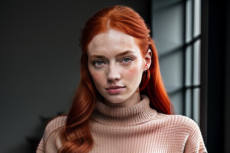  raw photo, (18yo redhead girl:1.2), makeup, graphic eyeliner, rouge, (choker:0.9), realistic skin texture, oversize knit sweater, (red:0.8), softcore, warm lighting, cosy atmosphere, instagram style, high quality dslr snapshot, high definition film grain photo taken at f/16, iso 100, with a 200mm lens, global illumination, fibonacci hyperrealistic, full body, detailed clothing, highly detailed, cinematic lighting, stunningly beautiful, intricate, sharp focus, f/1. 8, 85mm, (centered image composition), (professionally color graded), ((bright soft diffused light)), volumetric fog, trending on instagram, trending on tumblr, HDR 4K, 8K