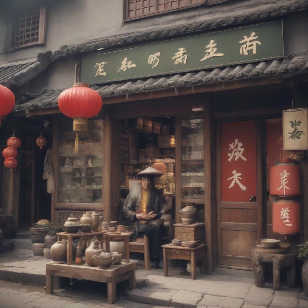  chinese town, tea store, tea ceremony, sign text “tea875”, epic foto, 4k