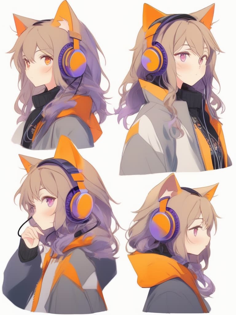  (cat ear headphones: 1.2), masterpiece, open mouth, best quality, (purple eyes: 1.2), (close up: 1.2), from front, (medium hair) 4)}, earring , (orange overside jacket: 1.1), (shoulder gap: 1.2), (white turtleneck: 1.1), (hair pin: 1.3)