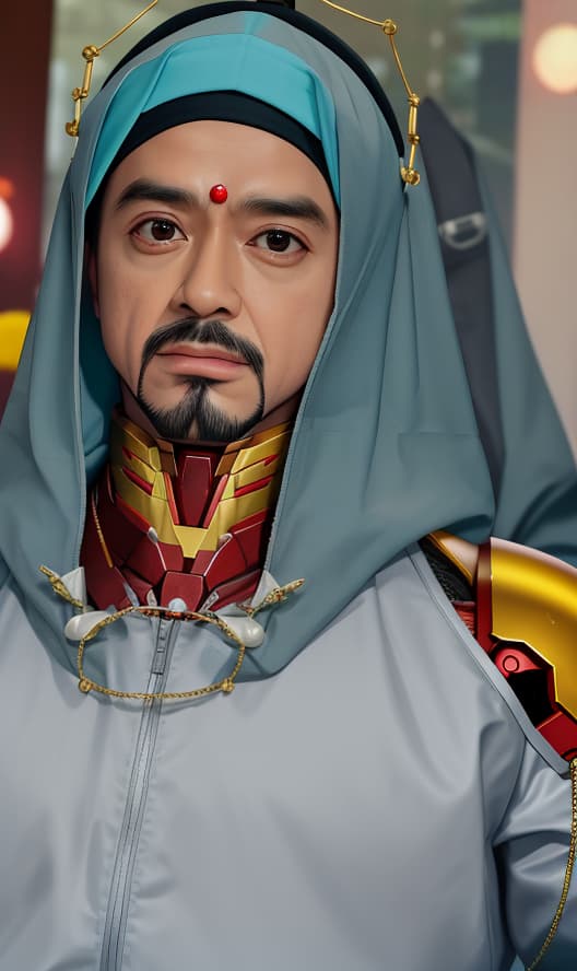  masterpiece, best quality, kualitas terbaik, mahakarya, resolusi 8k, realistis, sangat detail, close up iron man. dalam pemandangan malam kota bergaya cyberpunk, dia berdiri di jalan yang dipenuhi gedung gedung tinggi. lampu malam kota terang benderang, gedung gedung dan jalan jalan di sekitarnya dipenuhi dengan elemen cyberpunk seperti lampu neon, perangkat berteknologi tinggi, dan desain arsitektur futuristik.