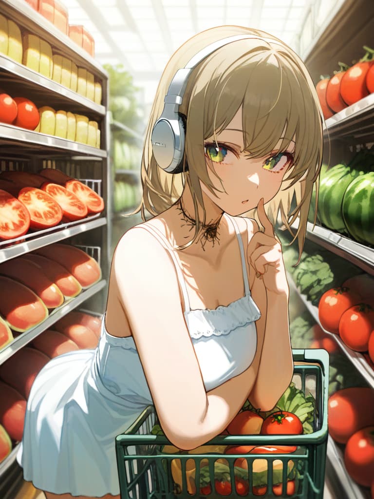  with tomatoes, blond ponytails, white headphones, heart tattoo on their arms, girls wearing white dress dresses, shopping carts, shopping carts, gestures, shopping cart containing eggplant and celery, the upper arm. tattoo, spider web on the neck, headphones, black tattoos, masterpiece, best quality,8k,ultra detailed,high resolution,an extremely delicate and beautiful,hyper detail