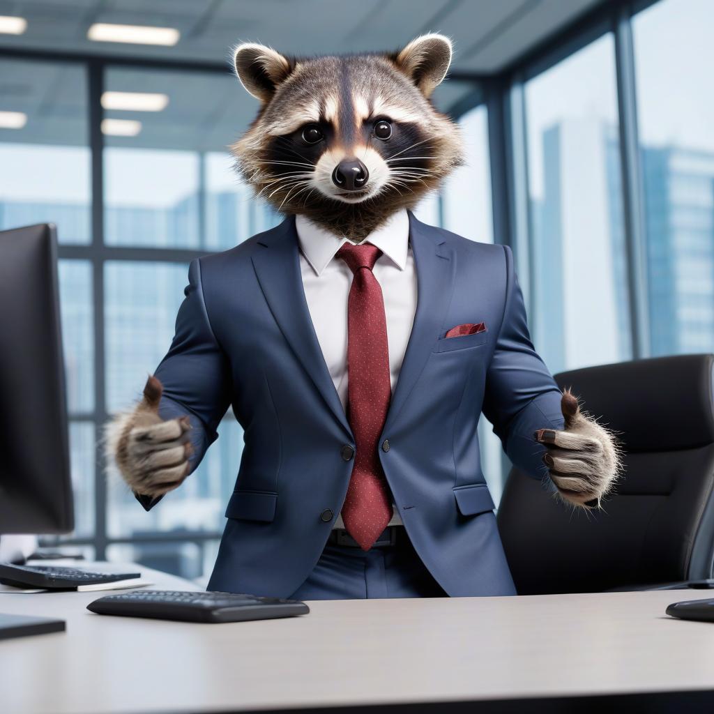  raccoon pumped up muscles in a suit in the office and glass in the background