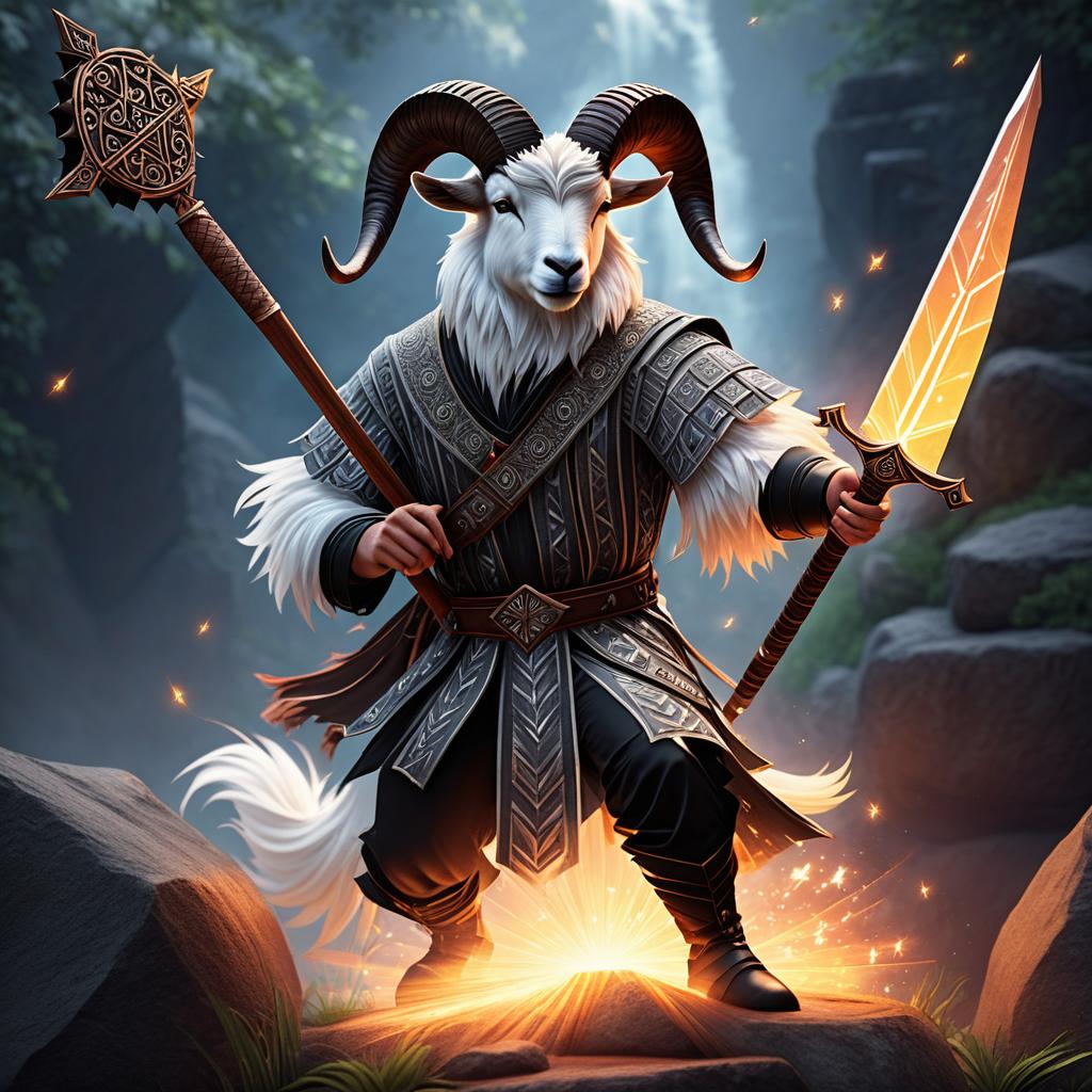  dark haired charming goat man bard that plays the pan flute and wields a magical sword. the satyr appears clean and educated. photo realistic, highly intricate and detailed, masterpiece, ultra high res,photography,8k resolution