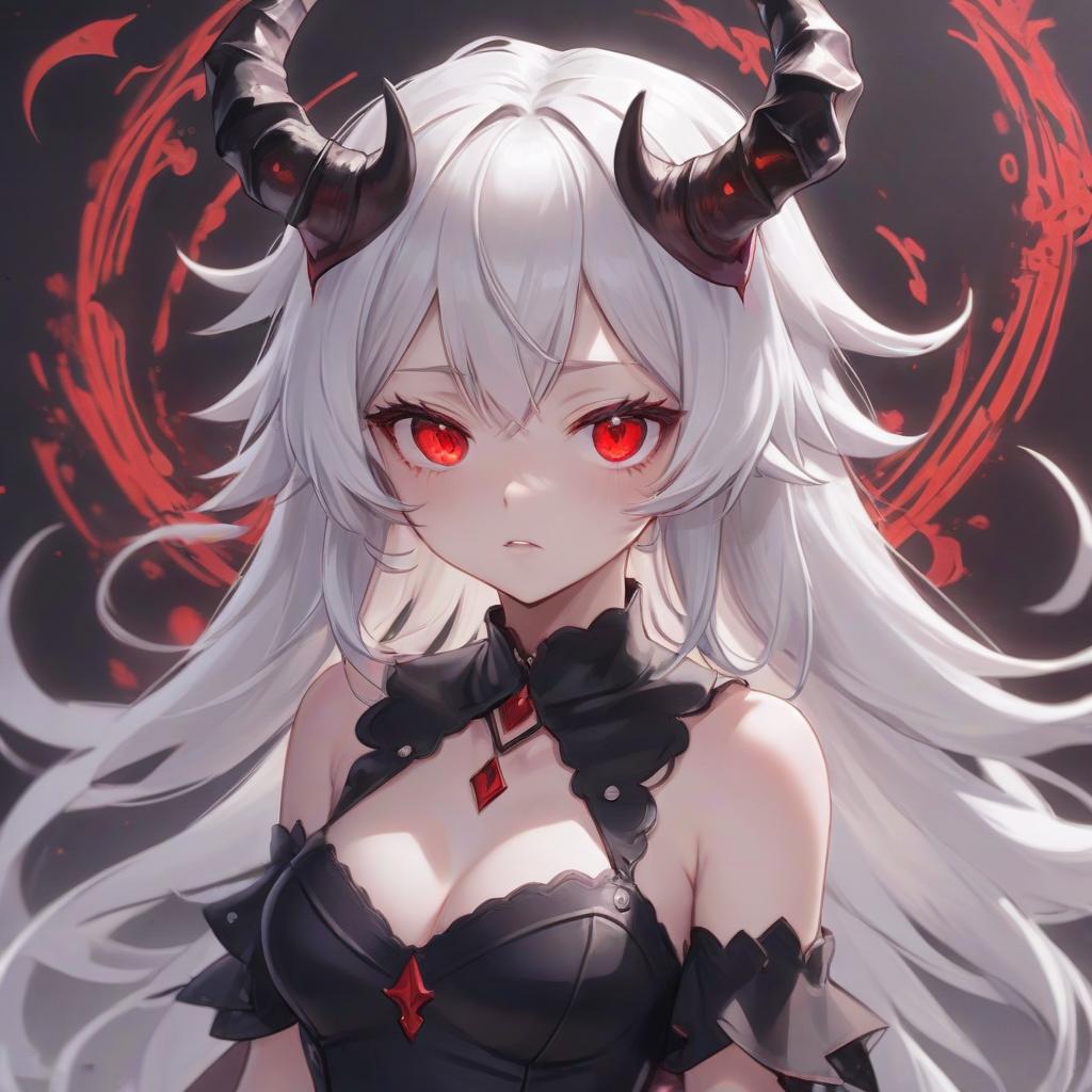  anime artwork girl in a dress, horns on her head, white hair, red eyes, dark magic, . anime style, key visual, vibrant, studio anime, highly detailed