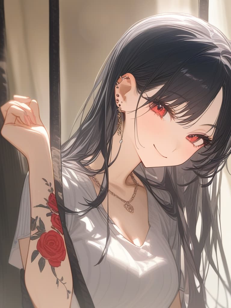  long hair, black hair, hair tips are pink, red eyes, hanging, bangs, and length of bangs, adults, adult faces, piercings, necklaces, hair are light pink and black, thin makeup on the arm. there is a rose tattoo, a rose tattoo on your arm, smiling, masterpiece, best quality,8k,ultra detailed,high resolution,an extremely delicate and beautiful,hyper detail