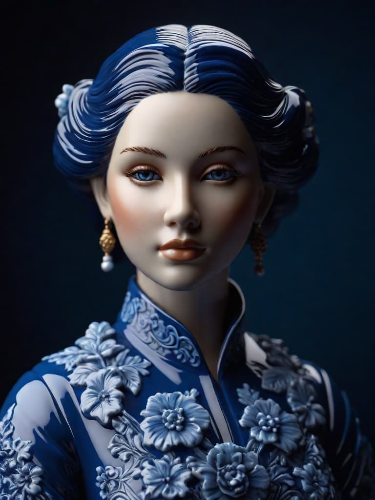  Close-up porcelain female figurine, looking to the camera, glossy surface, glaze, shiny, blue floral tattoos on her, dark gradient background, baroque dark style, hyperrealistic, CG society, intricate details