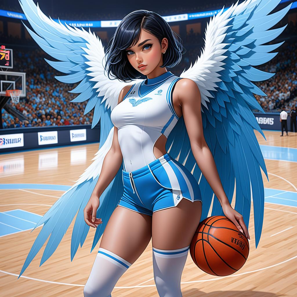  anime art very beautiful, harpy girl, light brown skin woman, icy blue eyes, black hair, short hair, has talons, has wings, narrow lips, angled eyebrows, roman nose, diamond shaped face, blue and white basket ball jersey, basketball court., award winning, professional, highly detailed, masterpiece