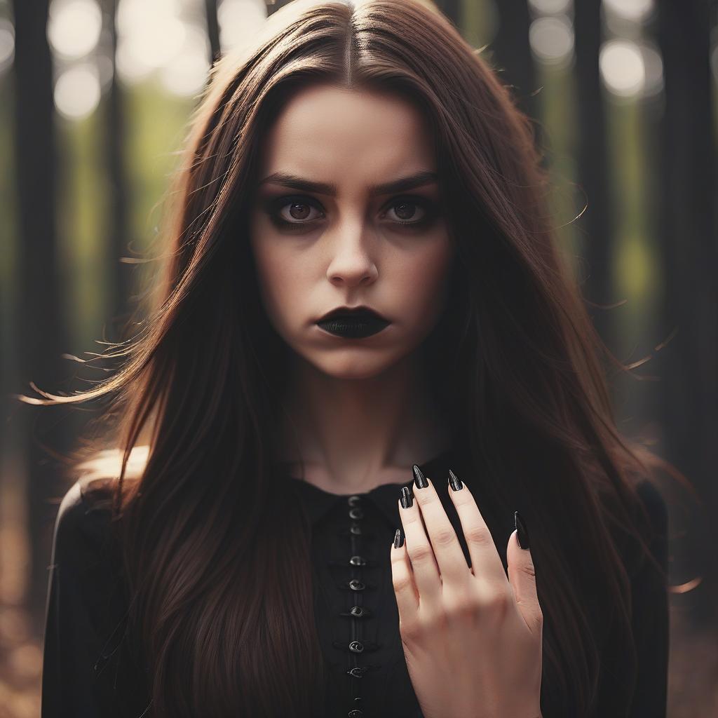  cinematic film still girl, gothic, long brown hair, long black sharp nails . shallow depth of field, vignette, highly detailed, high budget, bokeh, cinemascope, moody, epic, gorgeous, film grain, grainy