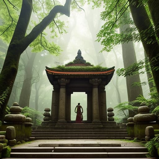  a tranquil scene of an ancient stone temple surrounded by lush greenery, with soft sunlight filtering through the trees. a person is sitting on the temple steps in meditation, with glowing mantra symbols floating gently above their head, symbolizing the ascension from words to wisdom. the atmosphere is serene, with a feeling of timelessness and deep spiritual connection. hyperrealistic, full body, detailed clothing, highly detailed, cinematic lighting, stunningly beautiful, intricate, sharp focus, f/1. 8, 85mm, (centered image composition), (professionally color graded), ((bright soft diffused light)), volumetric fog, trending on instagram, trending on tumblr, HDR 4K, 8K