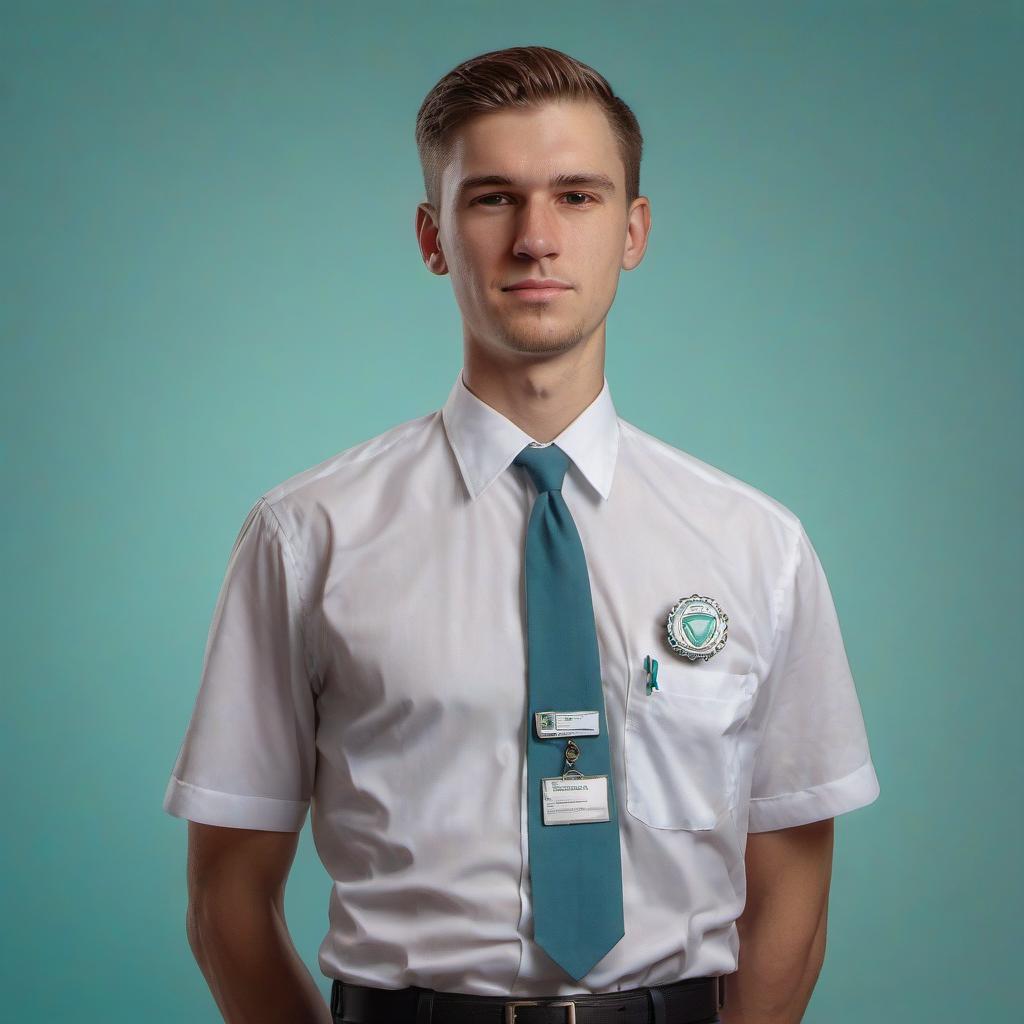  hyperrealistic art realism, the image should look like a photo of a company employee on a light turquoise background. the employee is wearing a white shirt with a mark badge. young man of 30 years . extremely high resolution details, photographic, realism pushed to extreme, fine texture, incredibly lifelike, film photography style