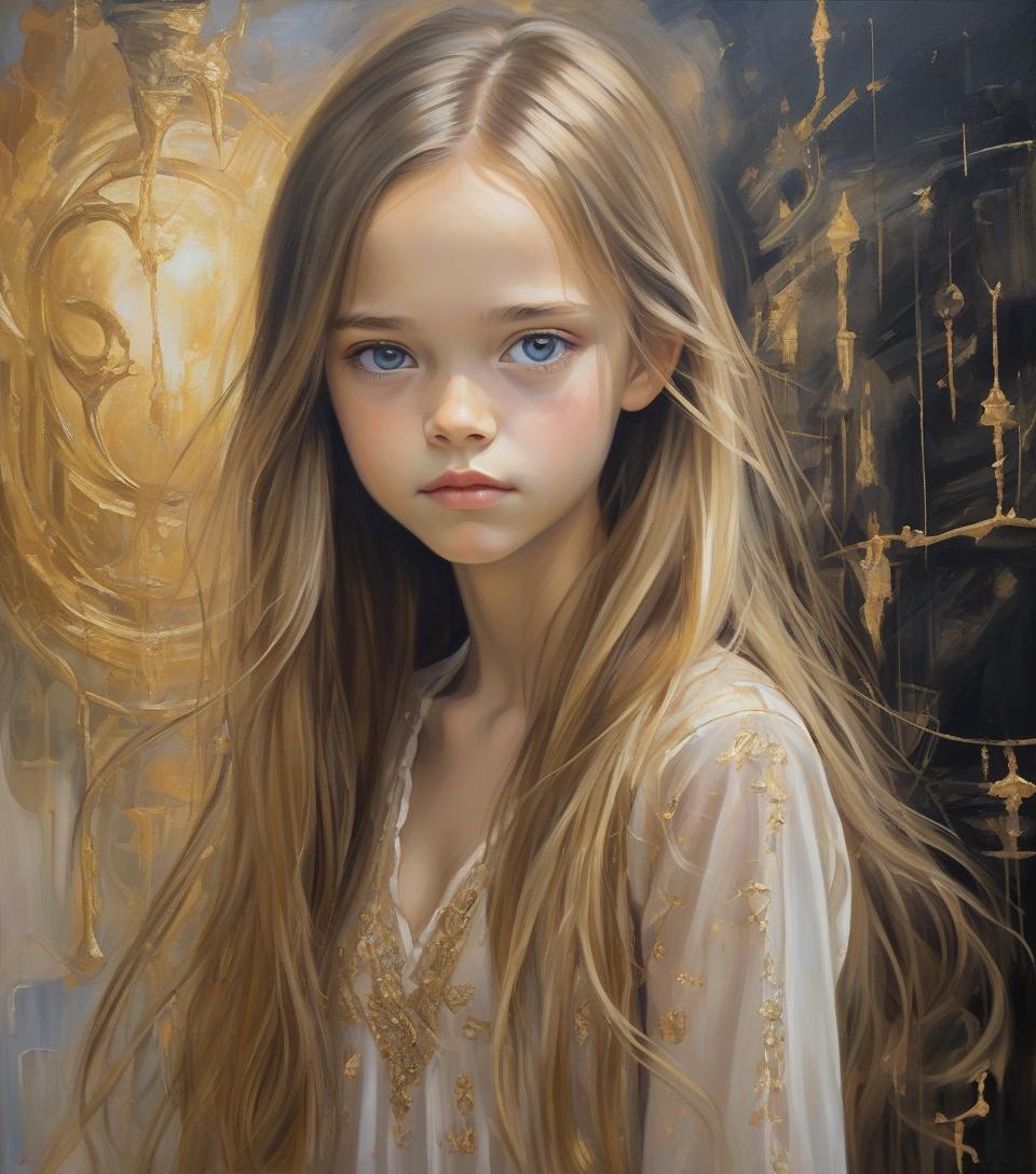  oil painting depicting kristina pimenova, very feminine, , v neck, portrait, absolute reality, long dark golden hair, pale skin, black, beautiful features, pretty face, pretty pose, clroom vivid and luminous, aya takano, royo, giger, dream atmosphere