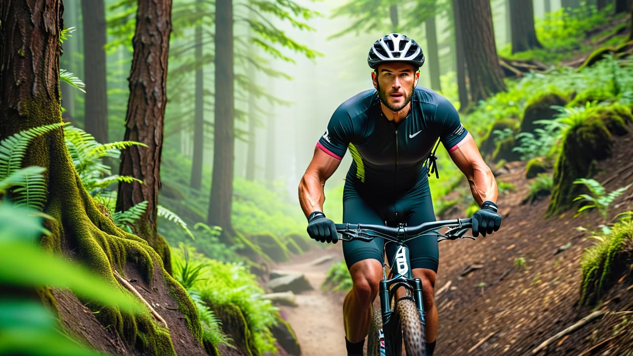  a dynamic scene depicting a mountain biker navigating a rugged trail, arms flexed and muscles engaged, surrounded by lush greenery and rocky terrain, showcasing the physical exertion and strength involved in the ride. hyperrealistic, full body, detailed clothing, highly detailed, cinematic lighting, stunningly beautiful, intricate, sharp focus, f/1. 8, 85mm, (centered image composition), (professionally color graded), ((bright soft diffused light)), volumetric fog, trending on instagram, trending on tumblr, HDR 4K, 8K