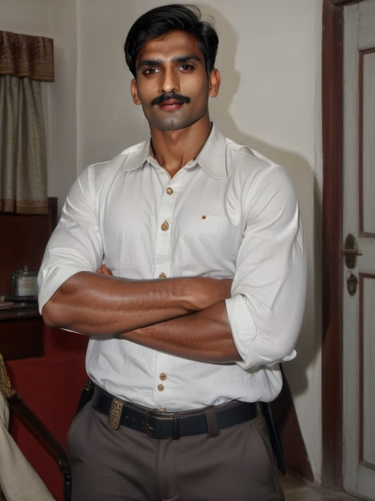  a handsome muscular indian soldier with simple small moustache and clean shaved face