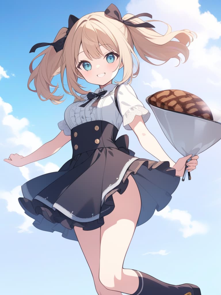  "create an ilration of a cute wearing knee high socks and a with lots of frills. she should be depicted with a bright smile,jumping lightly. the background should feature a clear blue sky with clouds,conveying a cheerful and fun atmosphere. the 's hairstyle should be twin tails with ribbons to enhance her cuteness."