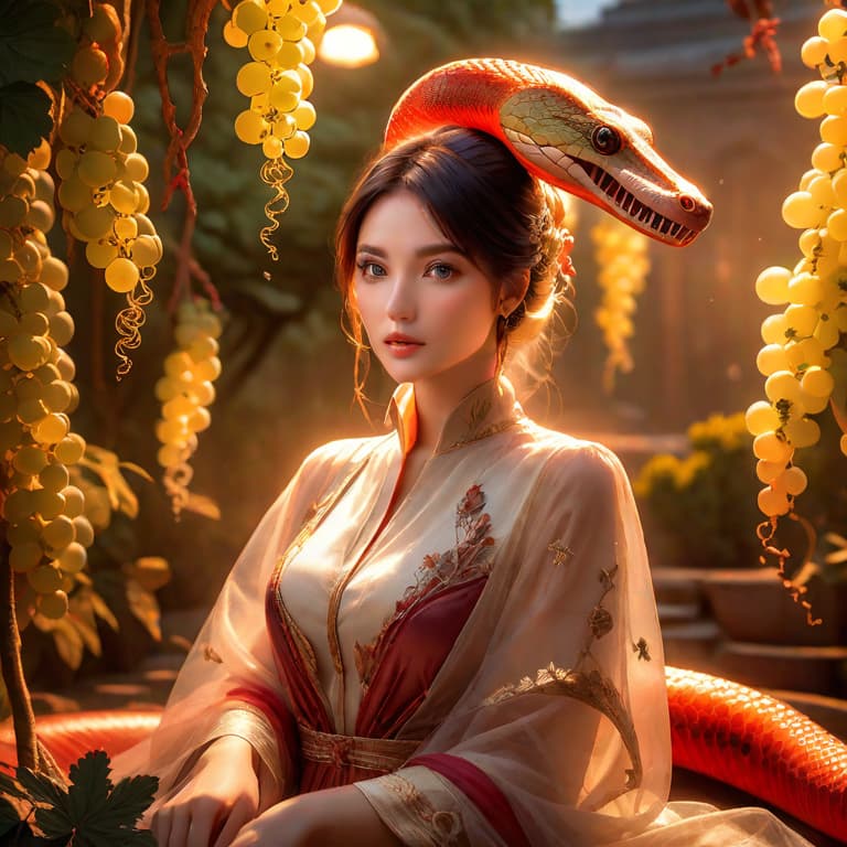  photorealistic portrait of a beautiful girl, looking frightened in the camera, very detailed, wineleaves und grapes laying on her head, snakes are between the wineleaves, dynamic, very detailed, romantic but dark hyperrealistic, full body, detailed clothing, highly detailed, cinematic lighting, stunningly beautiful, intricate, sharp focus, f/1. 8, 85mm, (centered image composition), (professionally color graded), ((bright soft diffused light)), volumetric fog, trending on instagram, trending on tumblr, HDR 4K, 8K