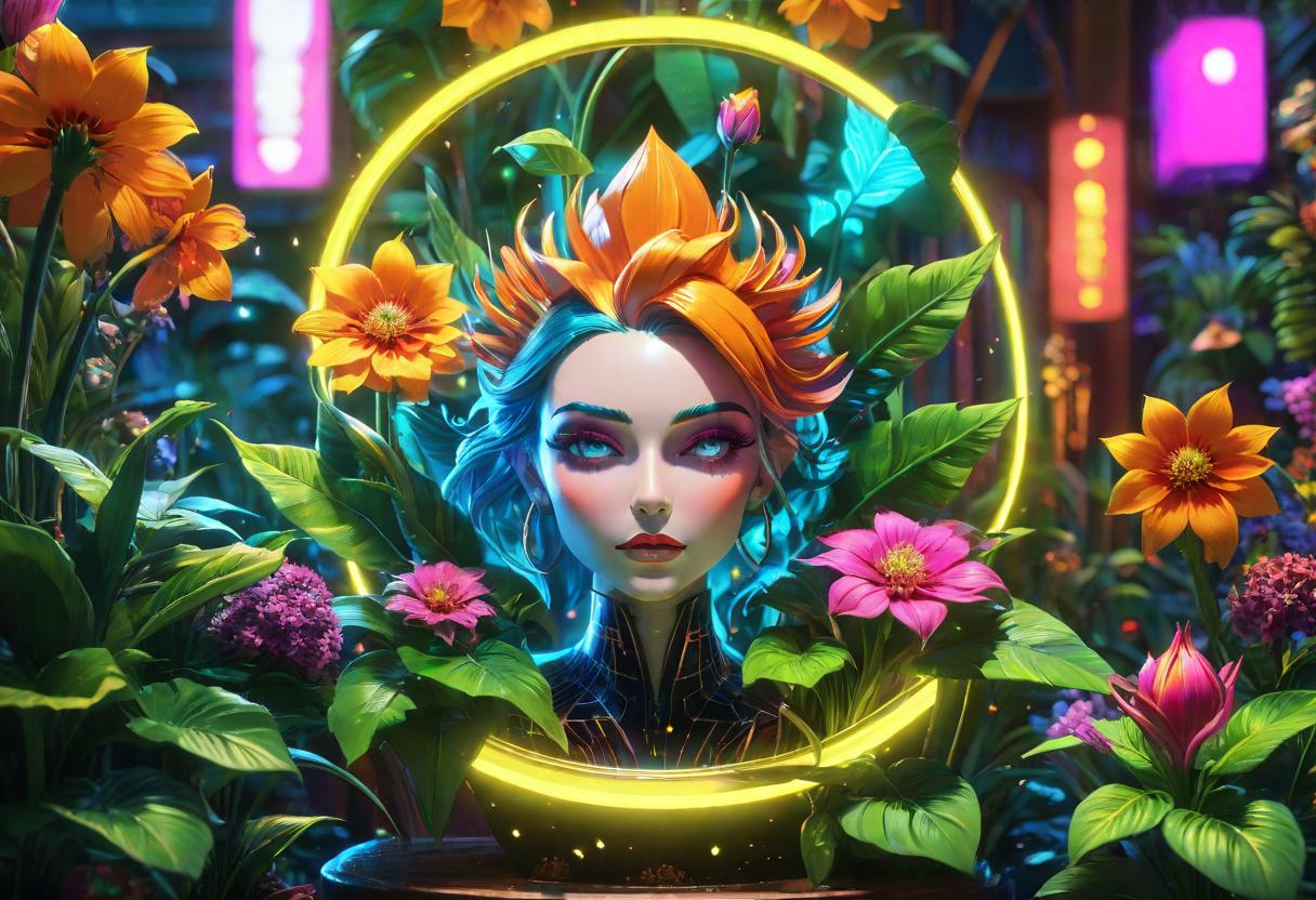  art deco style a bizarre and magical illustration (of a flower with a humanoid face:1.4), growing in a flower pot surrounded by bright flowers and plants in the flower shop of the lady, concept art by tadahiro uesugi, complex details, fantasy elements, soft lighting. . geometric shapes, bold colors, luxurious, elegant, decorative, symmetrical, ornate, detailed, hkmagic, glowneon