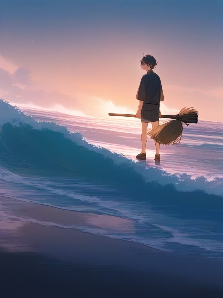  one boy, ((fly in the sky with a broom))), ((standing on the broom))), (((((), surf with a broom)))