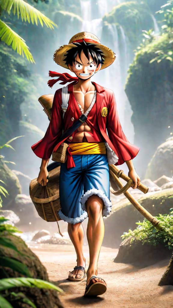  anime art: monkey d. luffy and his crew on a grand journey filled with heartwarming moments. hyperrealistic, full body, detailed clothing, highly detailed, cinematic lighting, stunningly beautiful, intricate, sharp focus, f/1. 8, 85mm, (centered image composition), (professionally color graded), ((bright soft diffused light)), volumetric fog, trending on instagram, trending on tumblr, HDR 4K, 8K