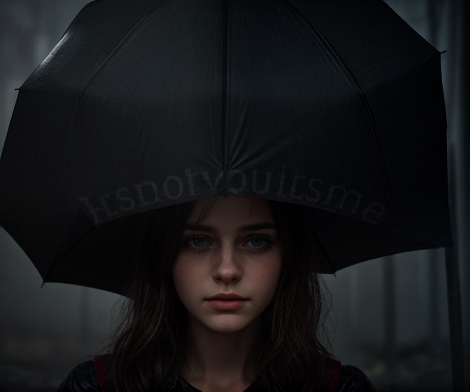  a dying girl in the rain with an umbrella at a dark place where only fear is to be found, hq, hightly detailed, 4k