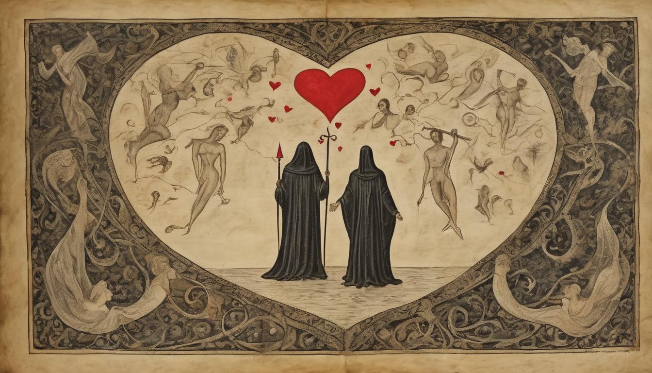  on parchment, surrealism++, figures with glowing hearts stepping forward, broken masks falling away, dark background, divine favor, revelation of purity(mysterious, provocative, symbolic)++