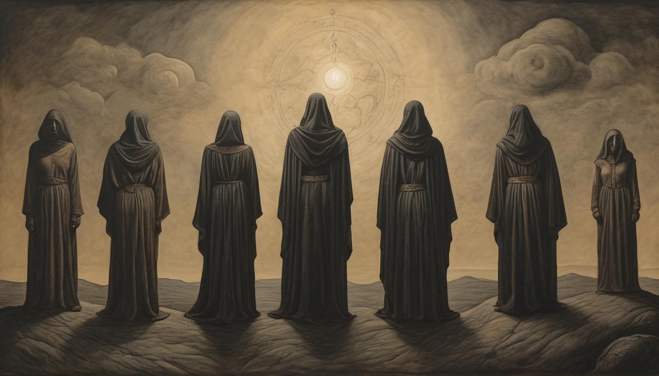  on parchment, surrealism++, a group of diverse individuals standing together on a dark landscape, each glowing with an inner light, unity, strength(mysterious, provocative, symbolic)++