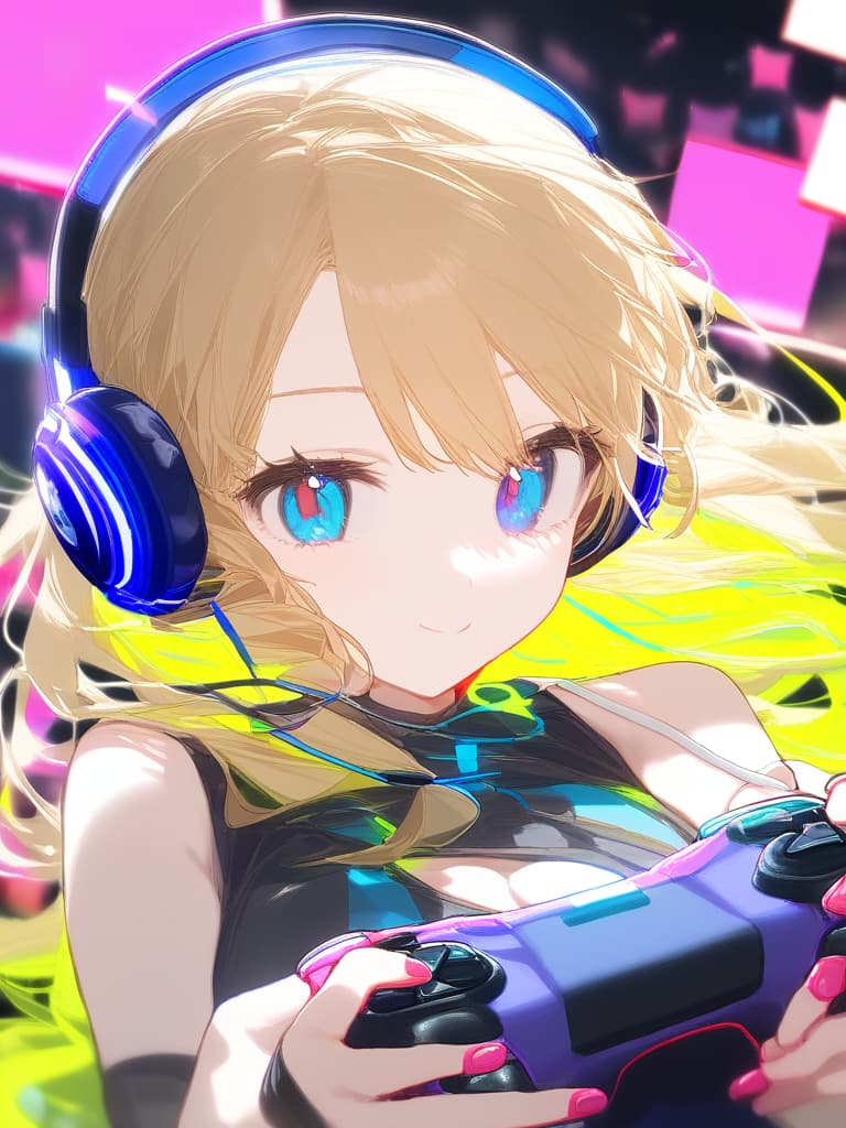  ,(1girl:1.5)(blond hair:2.0)( headphones🎧:2.0)(holding game controller🎮:2.0)( neon color:2.0)high quality,16k,cute face,neon blue eyes