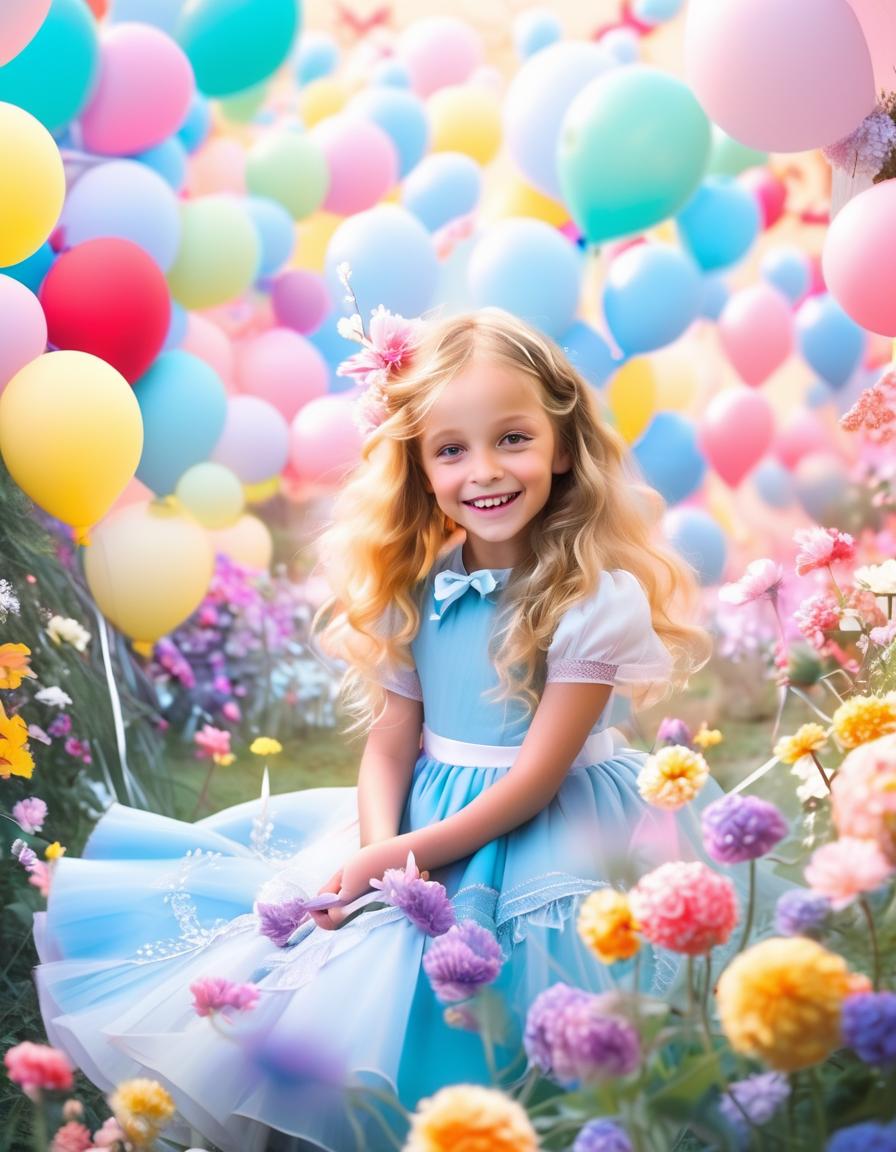  alice, posing with balloons, smiling, innocent and pure, break alice's wonderland adventure, a flower filled garden, balloons, flowers, pastel colored background, break dreamy and picturesque, soft focus, glittering light, high resolution,