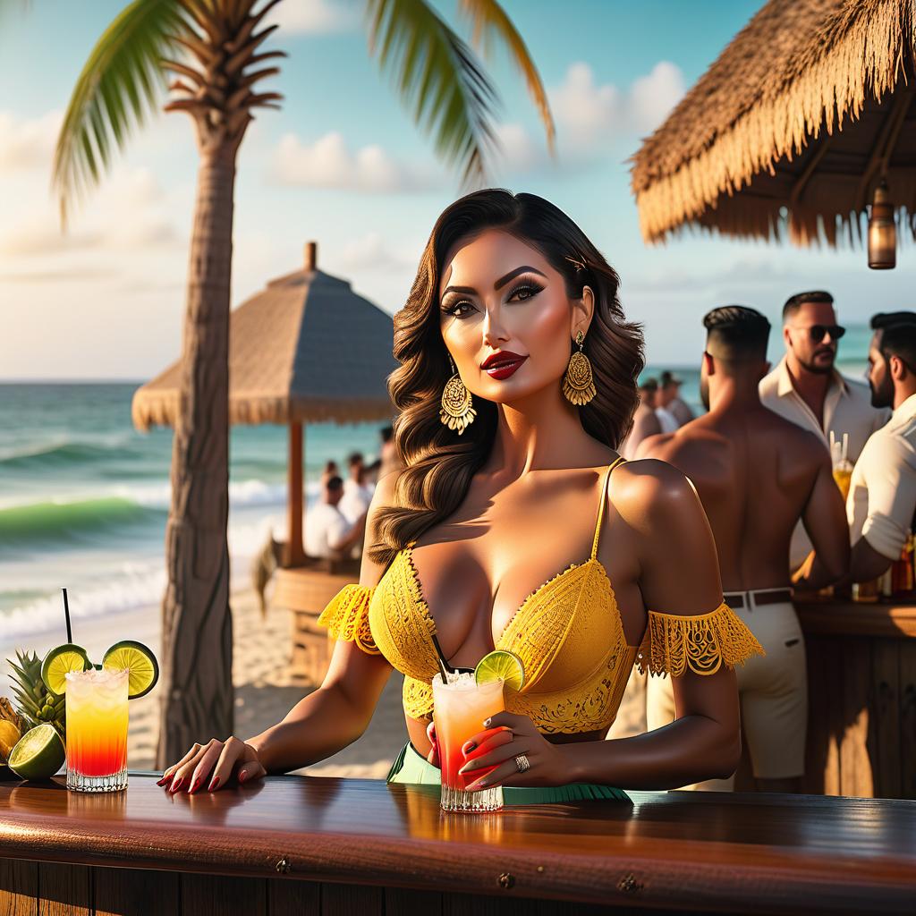  cinematic photo mexican bar on the beach with palms, dancing a crowd of people with cocktails . 35mm photograph, film, bokeh, professional, 4k, highly detailed hyperrealistic, full body, detailed clothing, highly detailed, cinematic lighting, stunningly beautiful, intricate, sharp focus, f/1. 8, 85mm, (centered image composition), (professionally color graded), ((bright soft diffused light)), volumetric fog, trending on instagram, trending on tumblr, HDR 4K, 8K