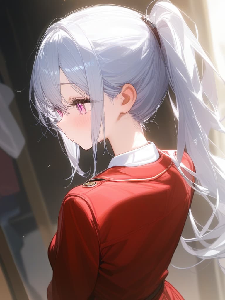  girls, ponytails, silver hair, jit, sleepy eyes, uniforms, high school students, piercing, light pink eyes, dark red school back, deep colored, ponytail, ponytail, masterpiece, best quality,8k,ultra detailed,high resolution,an extremely delicate and beautiful,hyper detail