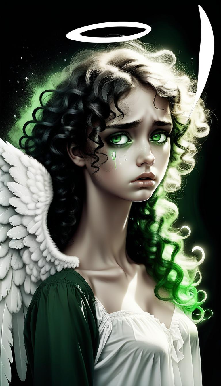  1) a very sad angel in tears, 2) one wing white, the other black, open 3) curly hair, the right half of the hair on the head is white, the left half of the hair on the head is black. 4) angel takes off (5) black and white art (6) green eyes