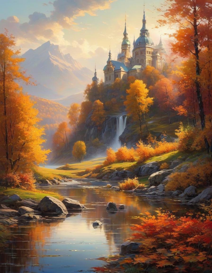  autumn landscape, lake, architectural phantasmagoria in style alexander starodubov